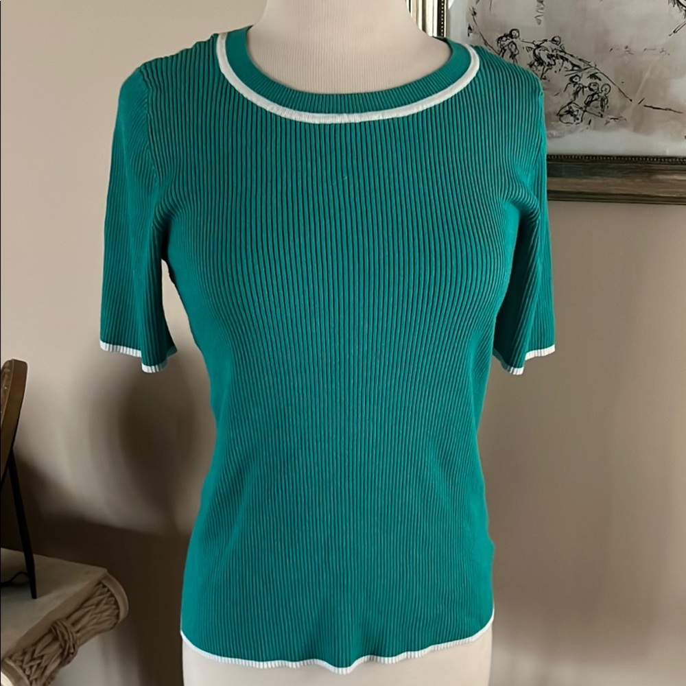 Teal Ribbed Knit Top with White Trim